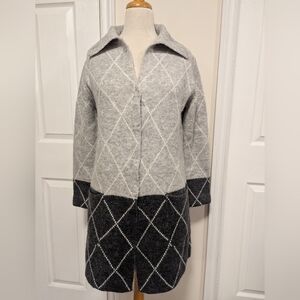 Tahari Gray and Black Cardigan Sweater with Argyle Pattern